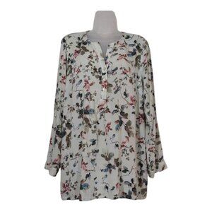 J. Jill Gauzy V-Neck Bird/Tree Print Oversized Blouse Excellent Cond - Med